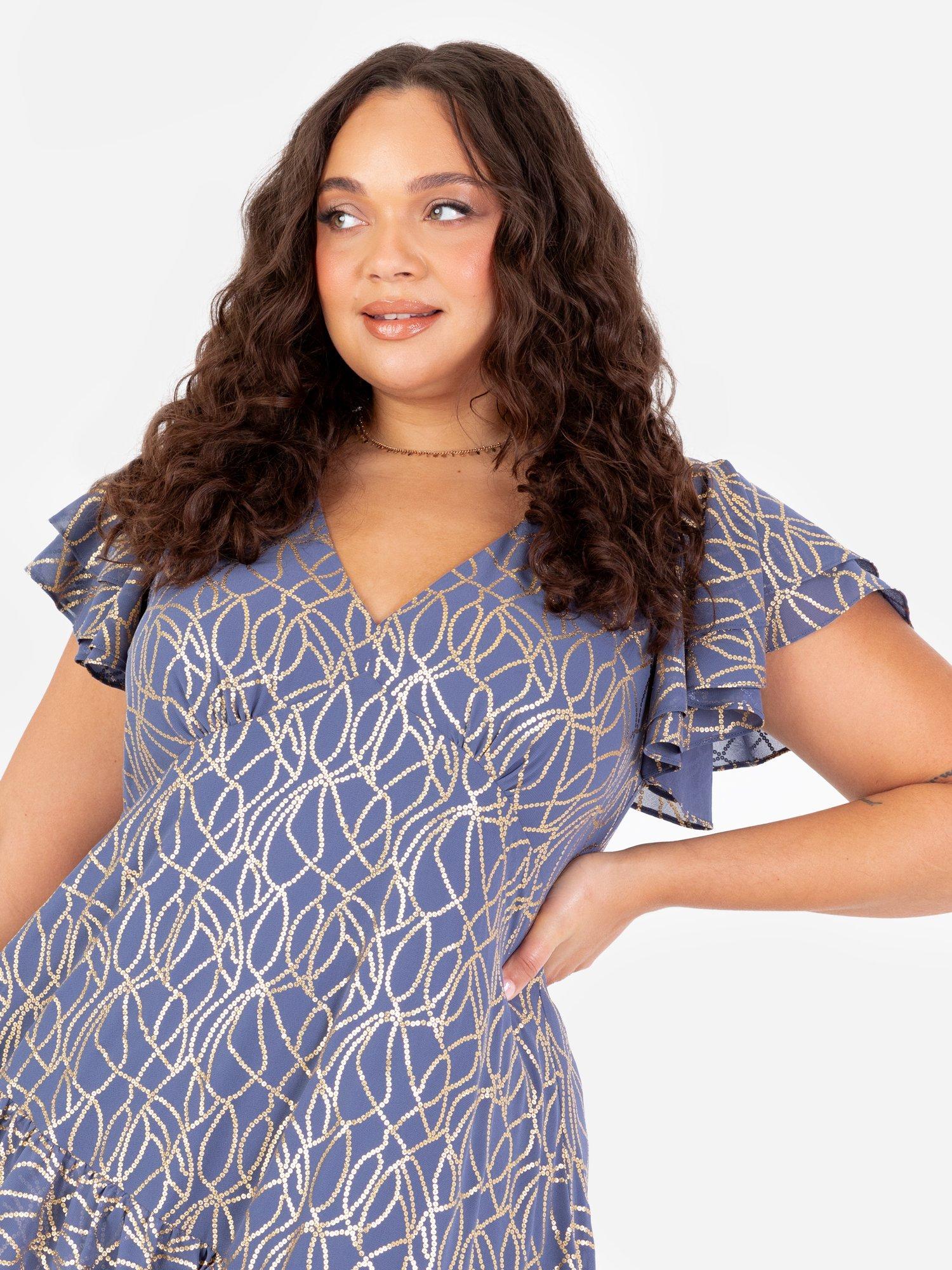 Product image 7 of 11, which shows Lovedrobe Abstract Foil Print Flutter Sleeve Midaxi Dress, Blue/Gold, 8