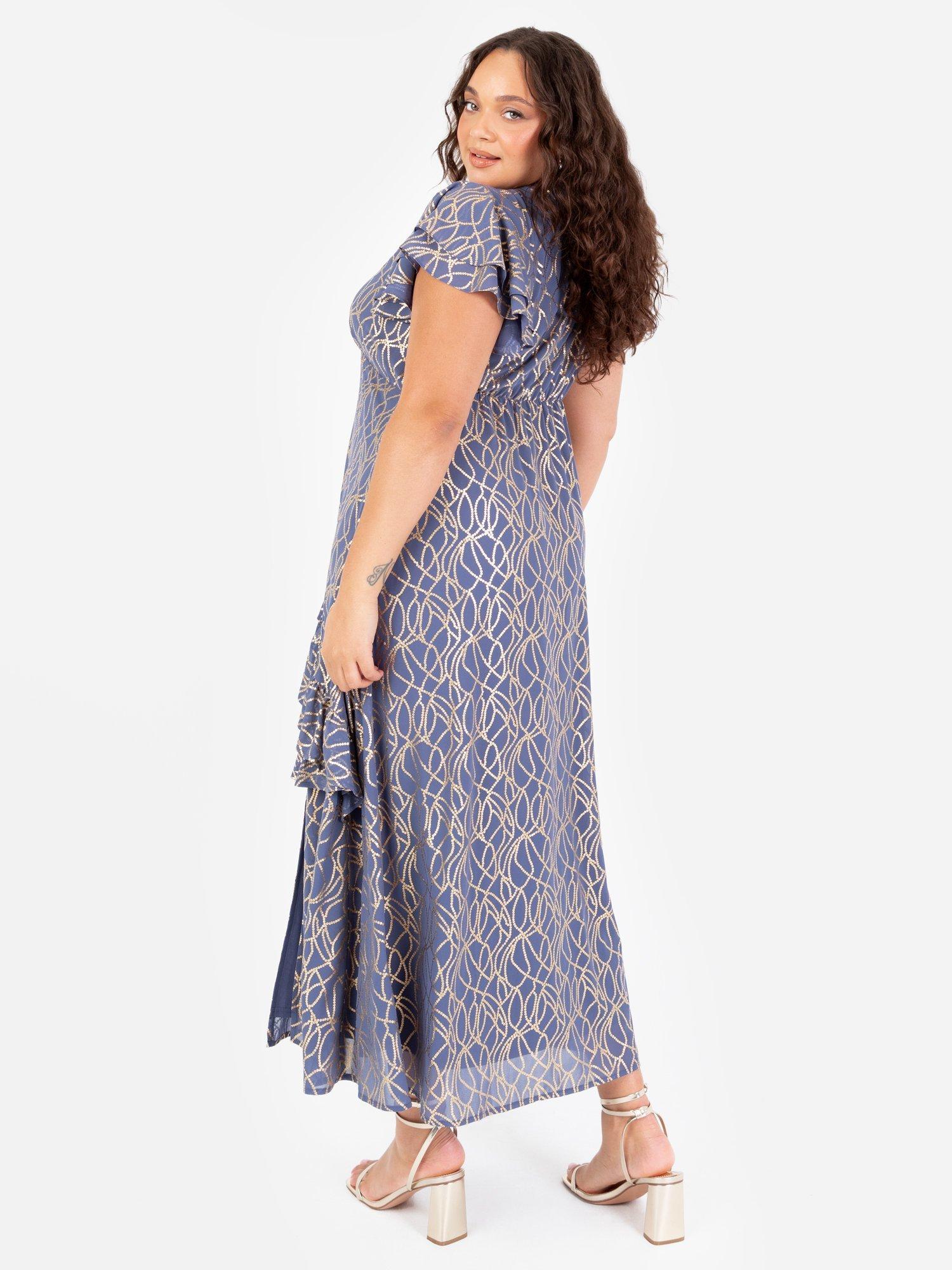 Product image 8 of 11, which shows Lovedrobe Abstract Foil Print Flutter Sleeve Midaxi Dress, Blue/Gold, 8