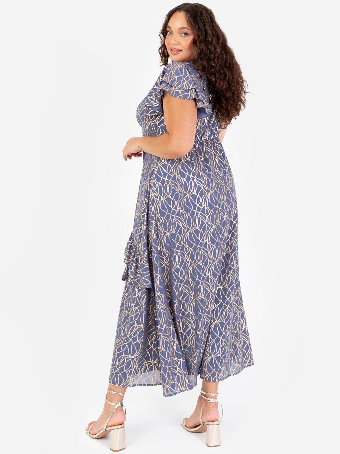 Product image 9 of 11, which shows Lovedrobe Abstract Foil Print Flutter Sleeve Midaxi Dress, Blue/Gold, 8
