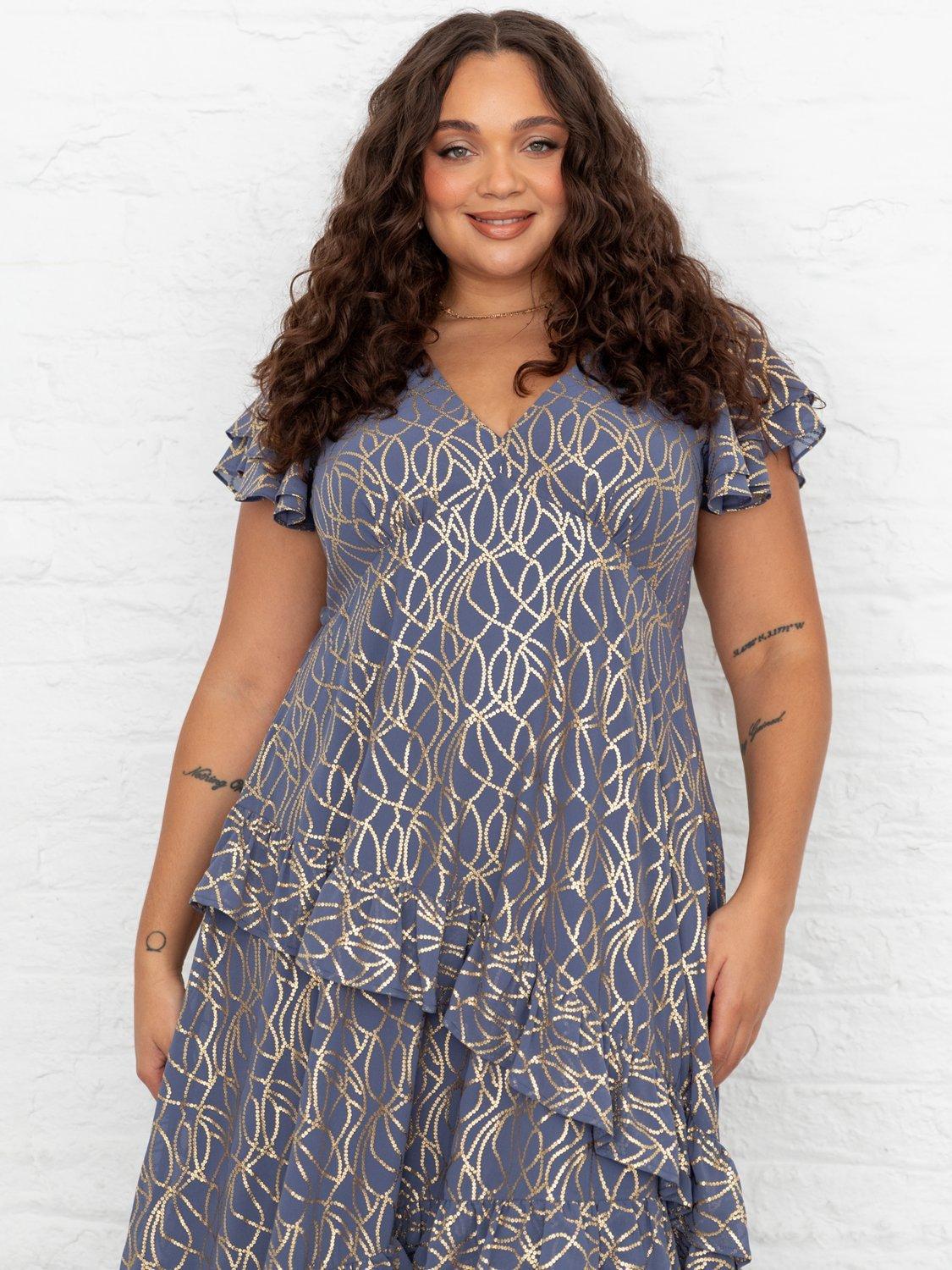 Product image 10 of 11, which shows Lovedrobe Abstract Foil Print Flutter Sleeve Midaxi Dress, Blue/Gold, 8