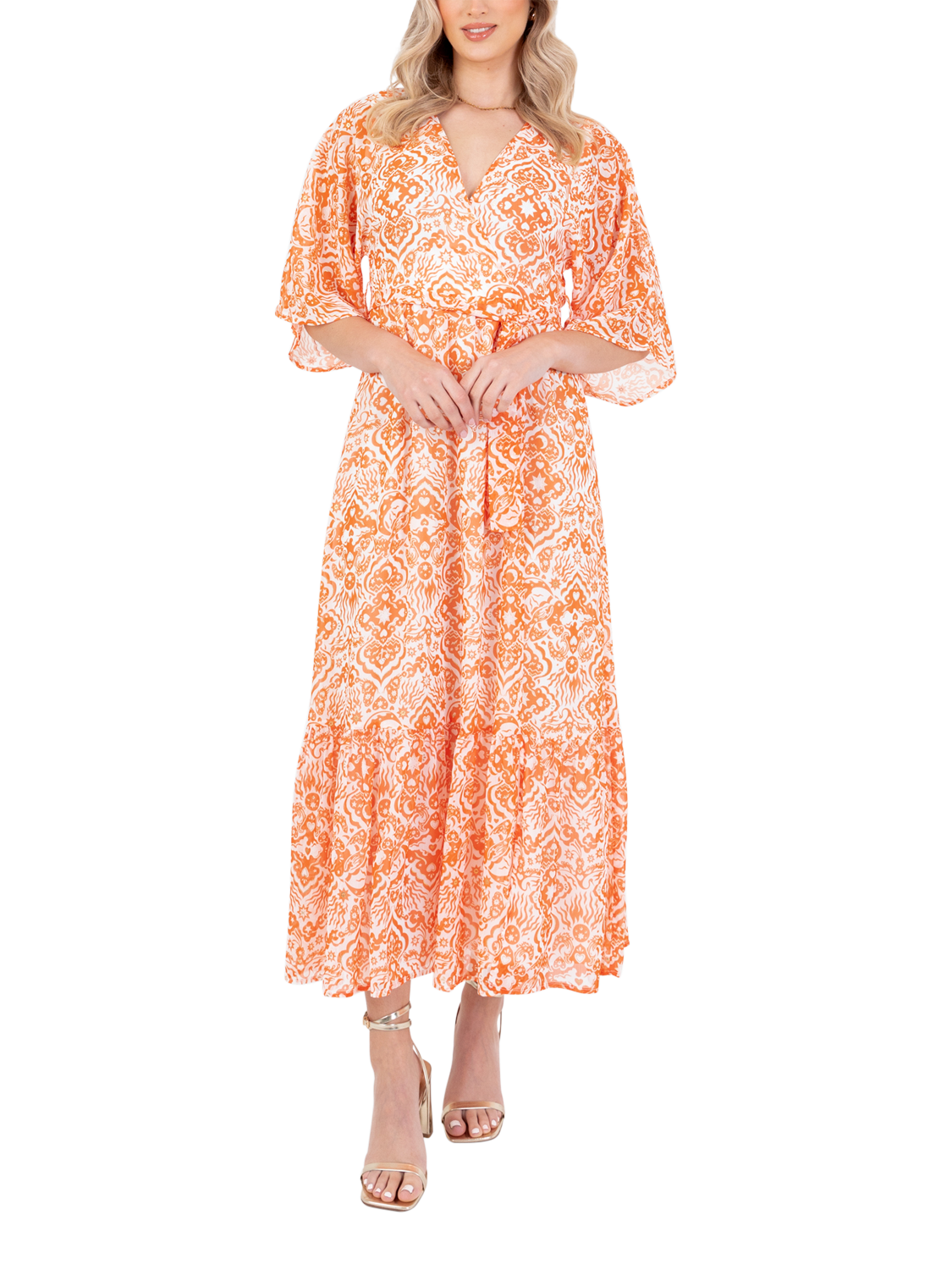 Product image 1 of 11, which shows Lovedrobe Abstract Tie Waist Midaxi Dress, Orange Print, 8