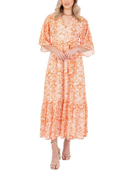 Lovedrobe Abstract Tie Waist Midaxi Dress, Orange Print, Orange Print
