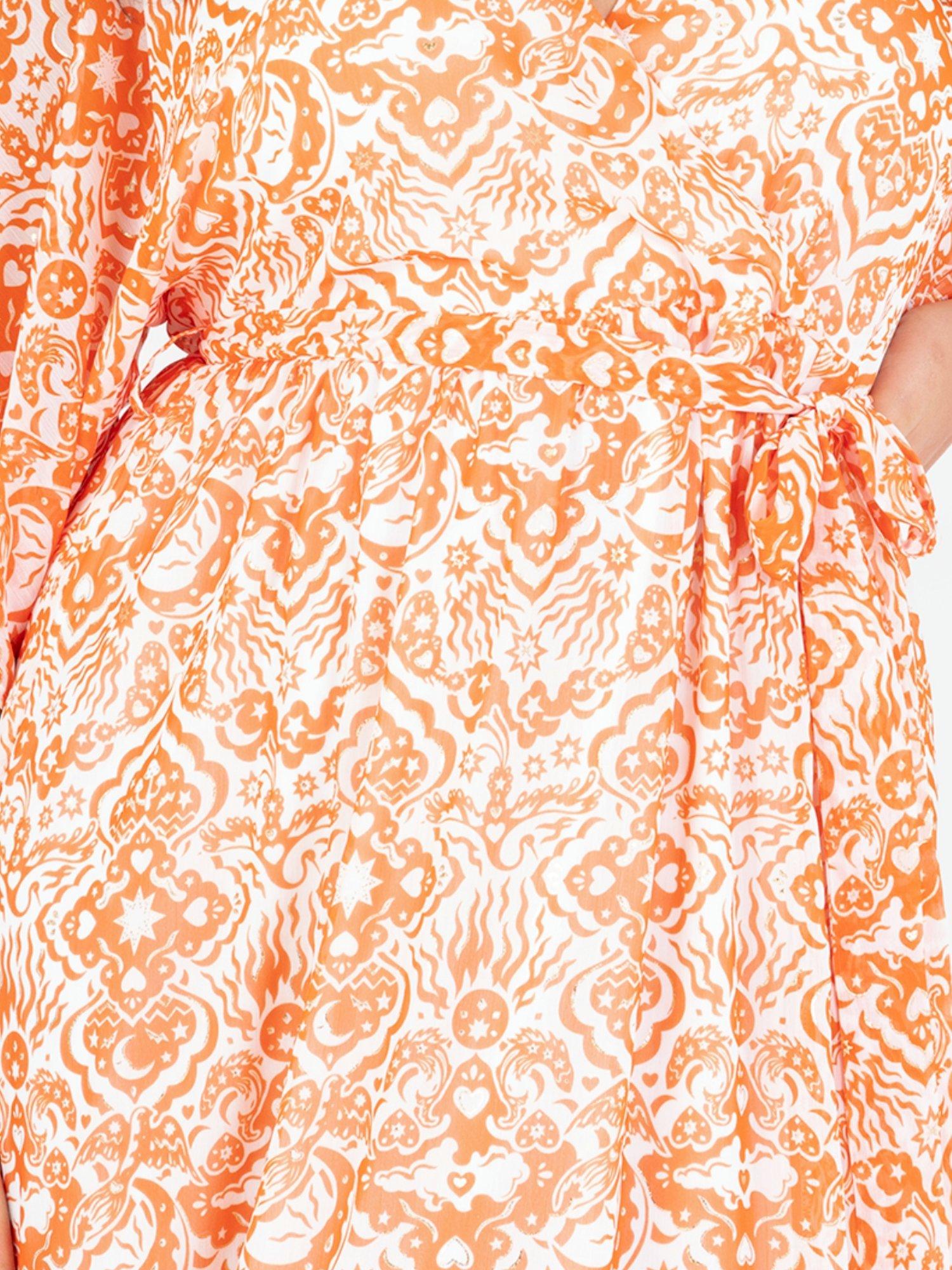 Product image 11 of 11, which shows Lovedrobe Abstract Tie Waist Midaxi Dress, Orange Print, 8