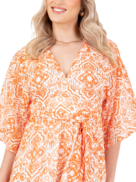 Lovedrobe Abstract Tie Waist Midaxi Dress, Orange Print - view 2, Orange Print