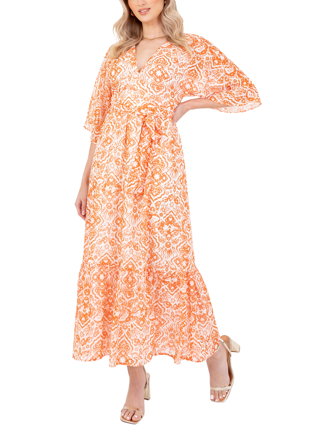 Product image 3 of 11, which shows Lovedrobe Abstract Tie Waist Midaxi Dress, Orange Print, 8