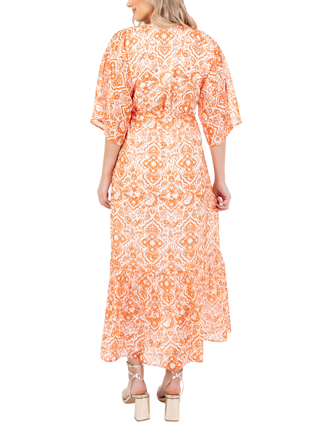 Product image 4 of 11, which shows Lovedrobe Abstract Tie Waist Midaxi Dress, Orange Print, 8