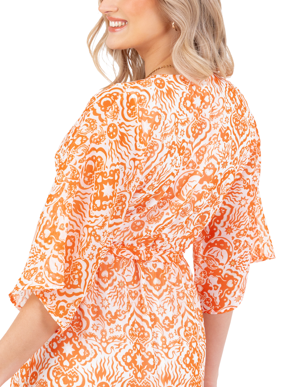 Product image 5 of 11, which shows Lovedrobe Abstract Tie Waist Midaxi Dress, Orange Print, 8