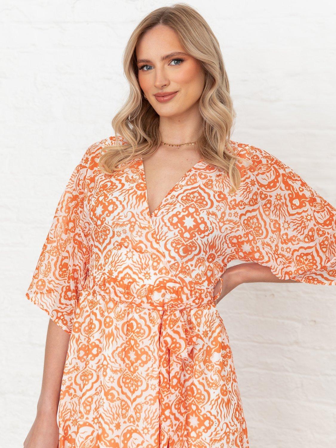 Product image 7 of 11, which shows Lovedrobe Abstract Tie Waist Midaxi Dress, Orange Print, 8