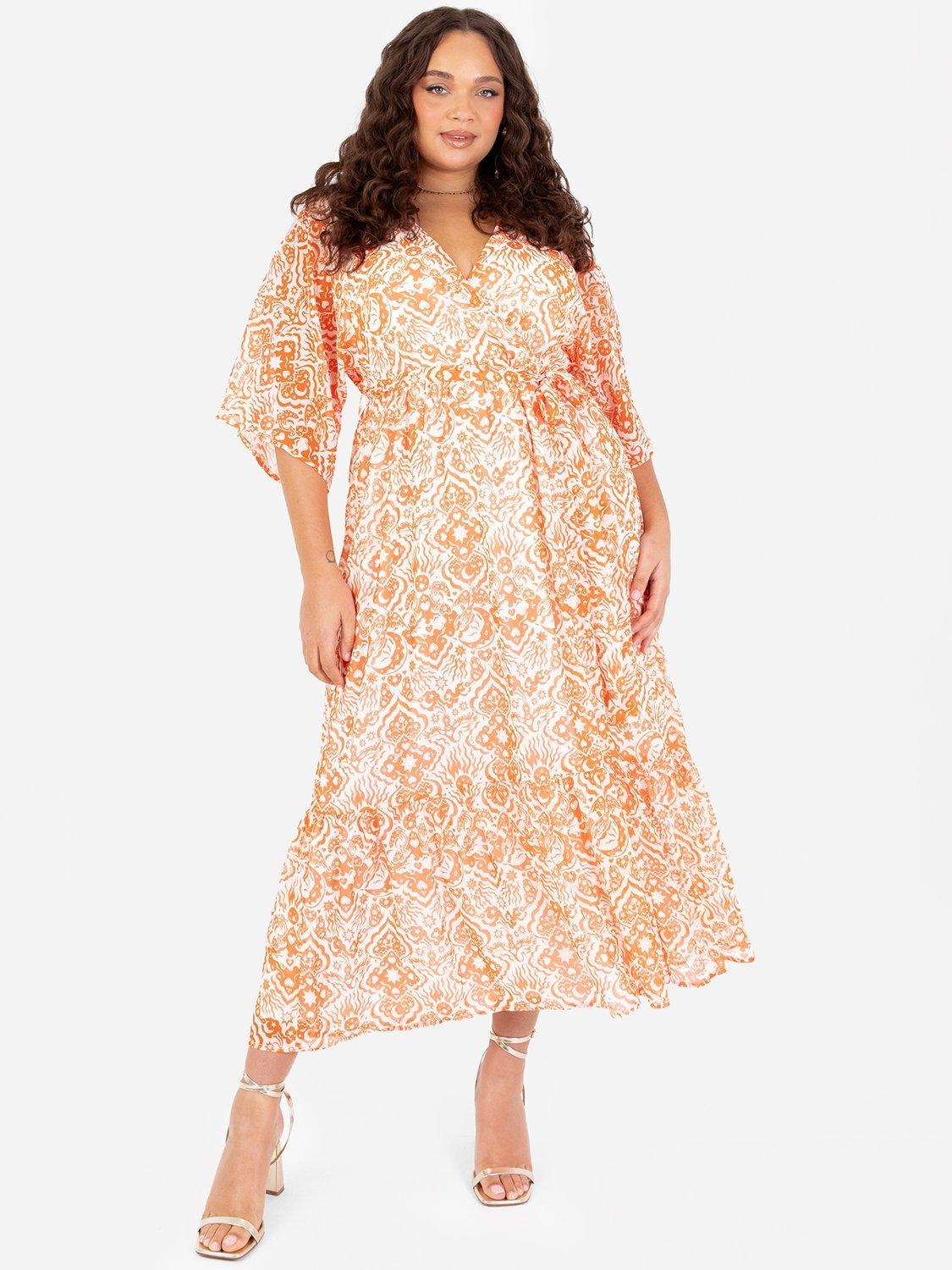 Product image 8 of 11, which shows Lovedrobe Abstract Tie Waist Midaxi Dress, Orange Print, 8