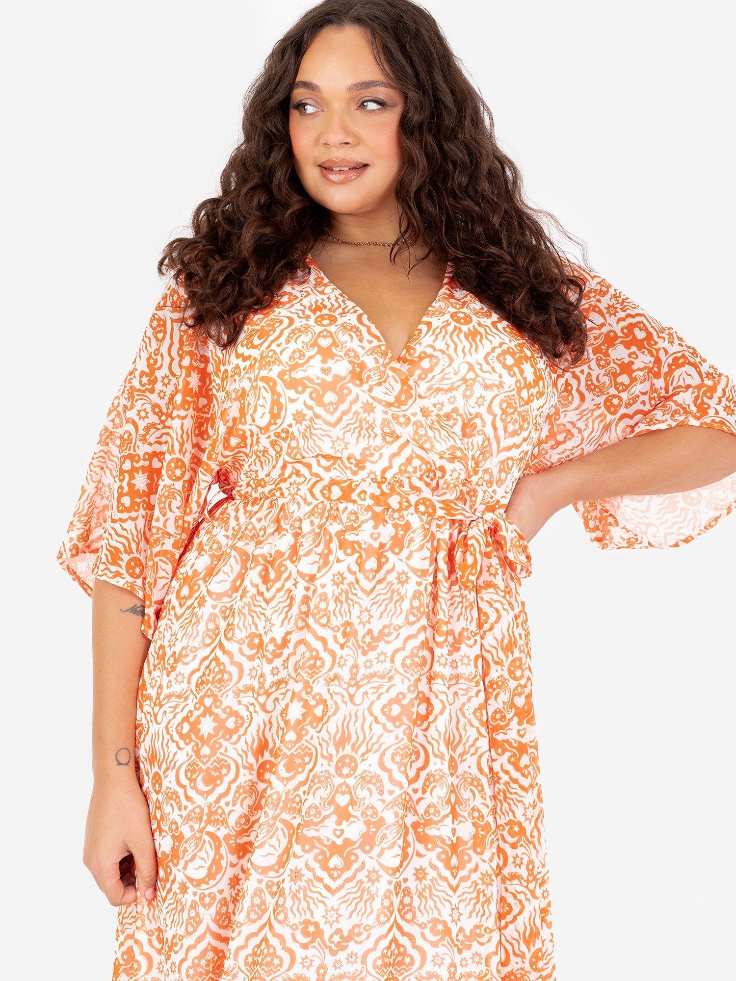 Product image 9 of 11, which shows Lovedrobe Abstract Tie Waist Midaxi Dress, Orange Print, 8