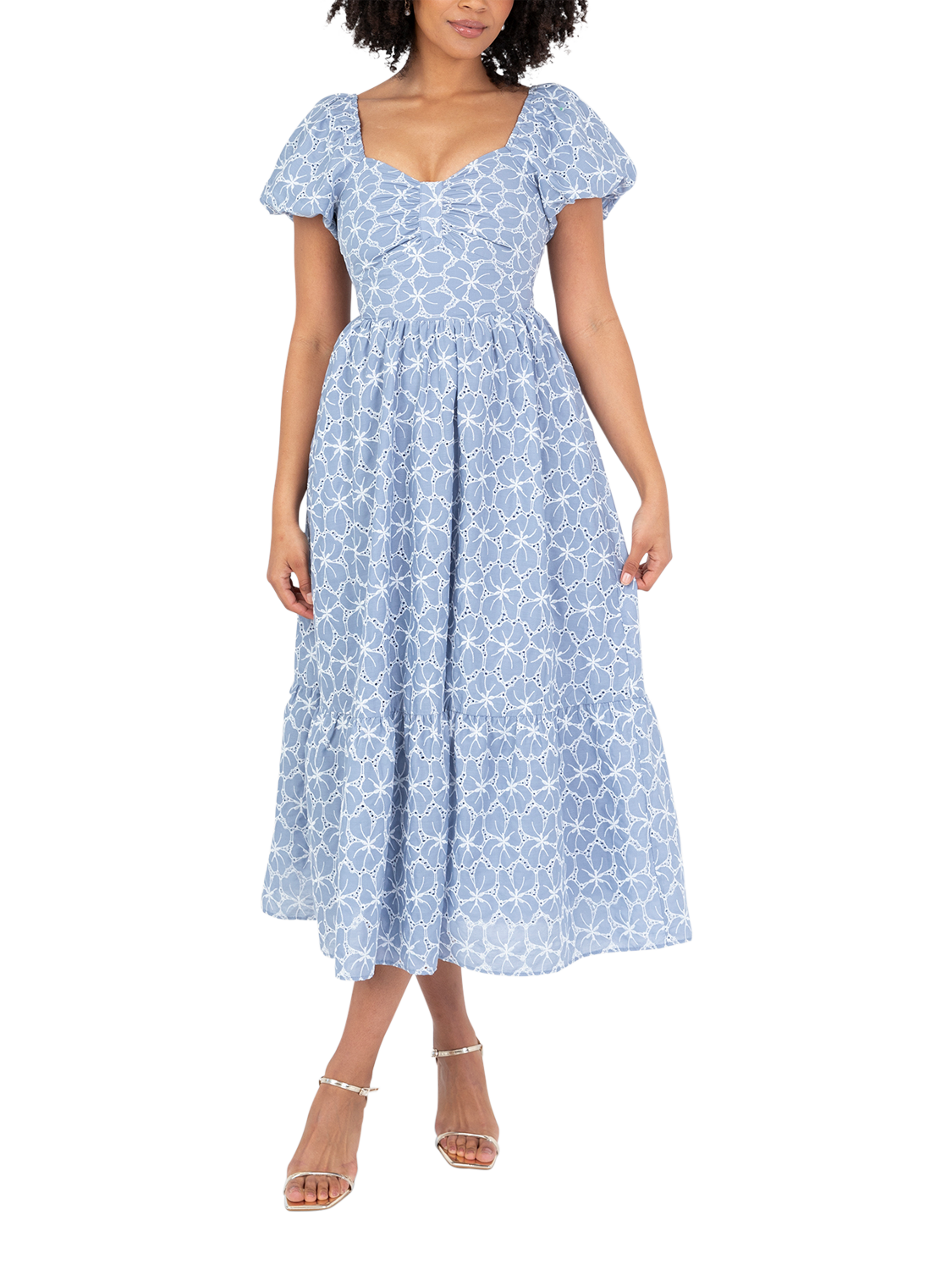 Product image 1 of 10, which shows Lovedrobe Broderie Anglaise Tie Back Midaxi Dress, Blue/ White, 8