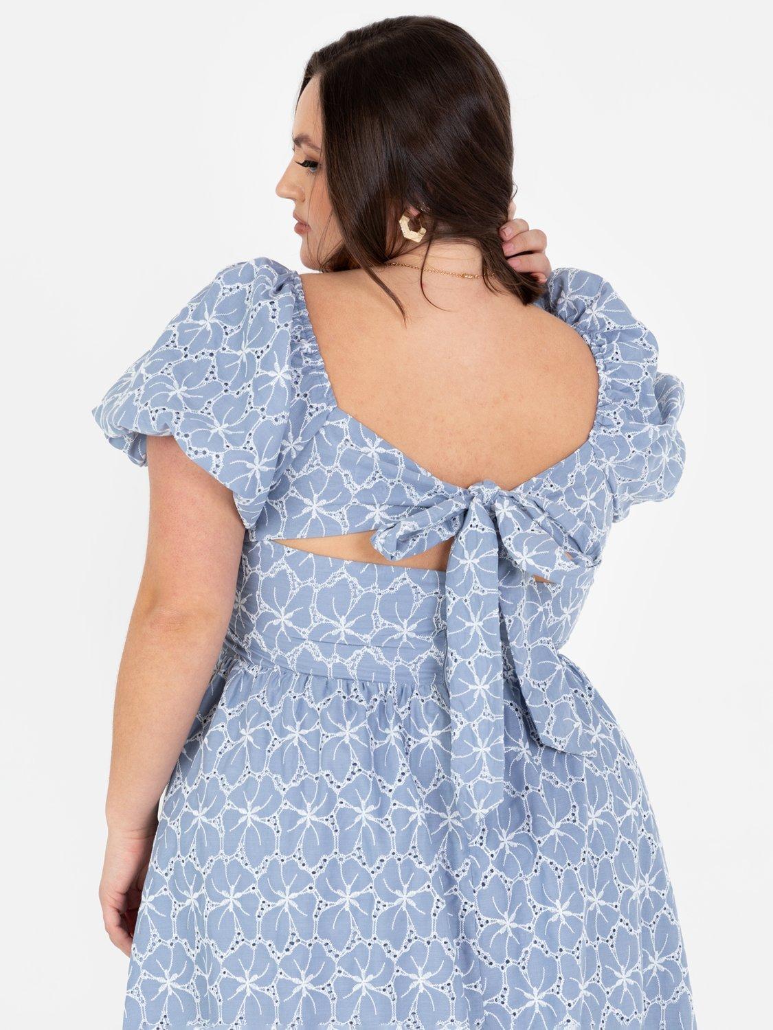 Product image 10 of 10, which shows Lovedrobe Broderie Anglaise Tie Back Midaxi Dress, Blue/ White, 8