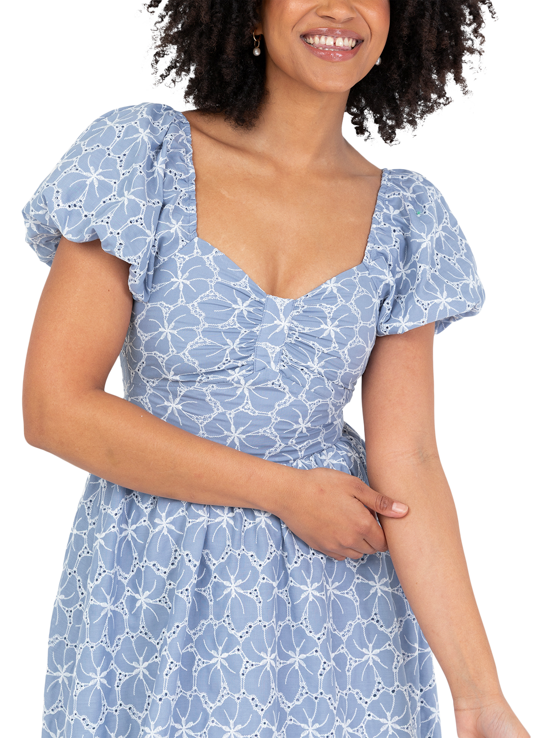 Product image 2 of 10, which shows Lovedrobe Broderie Anglaise Tie Back Midaxi Dress, Blue/ White, 8