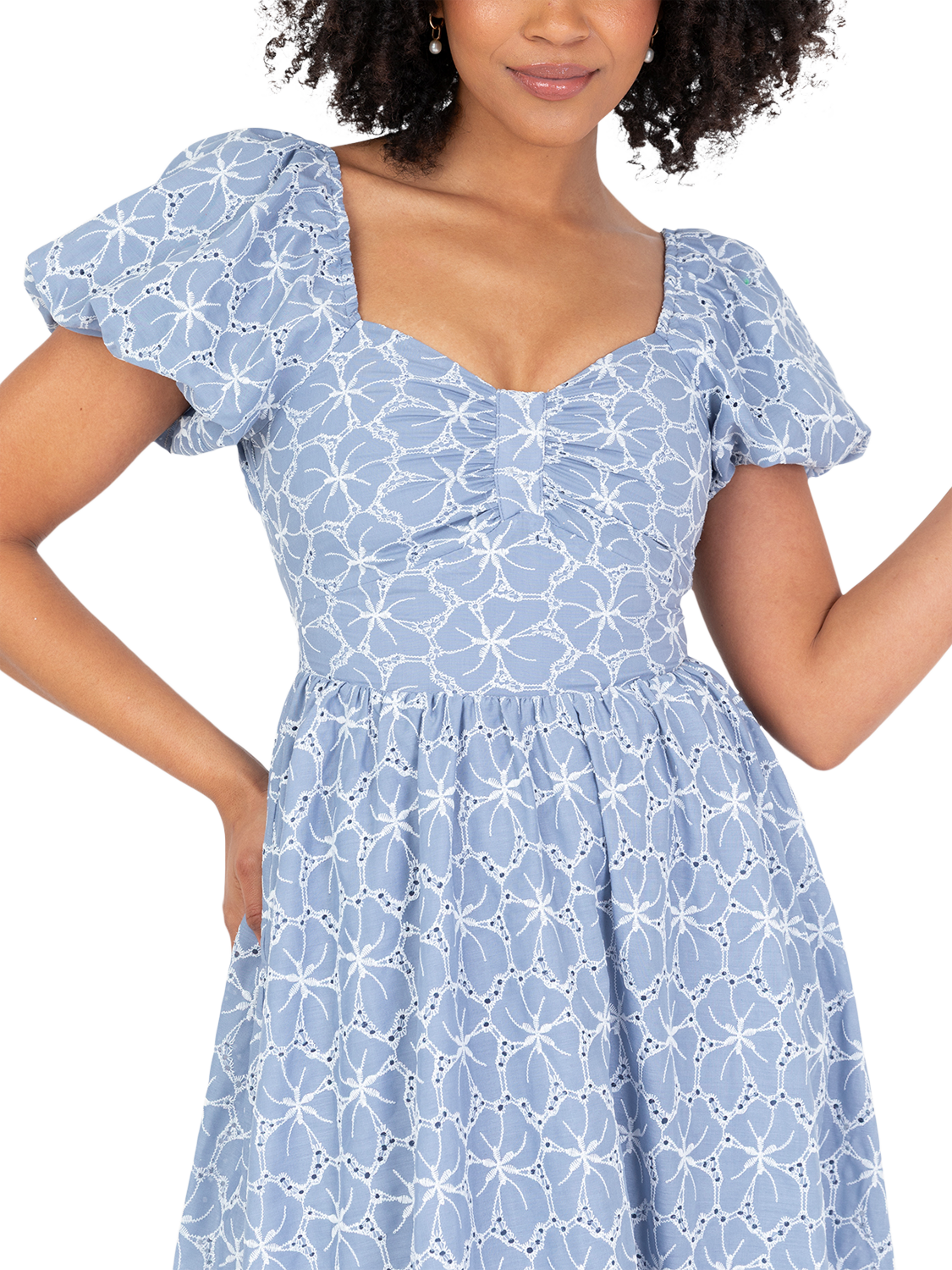 Product image 3 of 10, which shows Lovedrobe Broderie Anglaise Tie Back Midaxi Dress, Blue/ White, 8