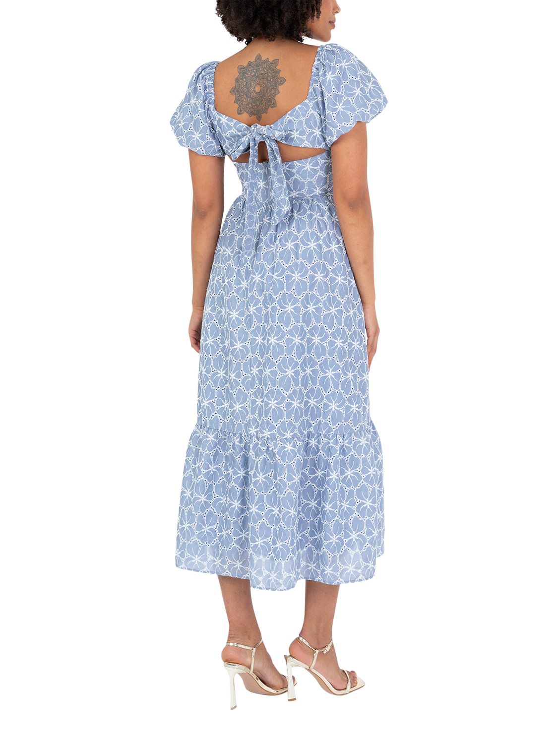 Product image 4 of 10, which shows Lovedrobe Broderie Anglaise Tie Back Midaxi Dress, Blue/ White, 8