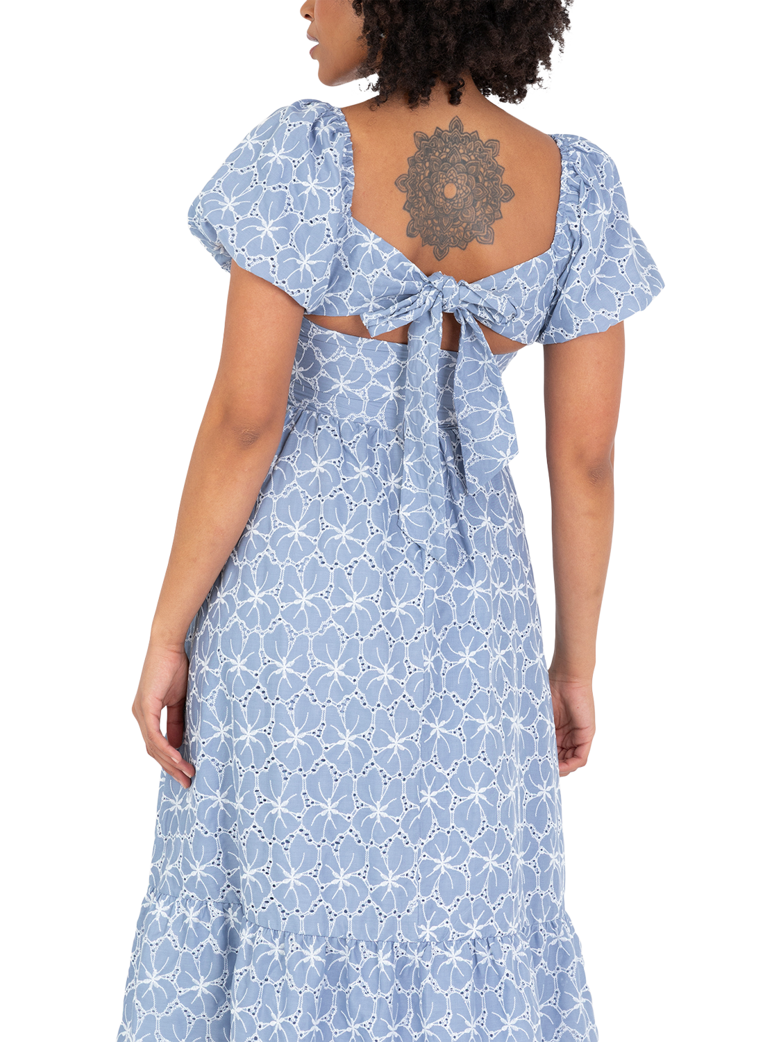 Product image 5 of 10, which shows Lovedrobe Broderie Anglaise Tie Back Midaxi Dress, Blue/ White, 8