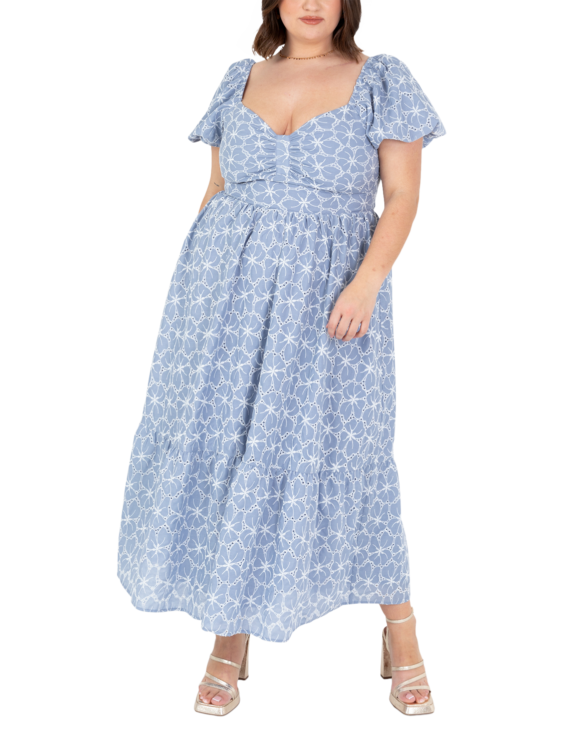 Product image 6 of 10, which shows Lovedrobe Broderie Anglaise Tie Back Midaxi Dress, Blue/ White, 8