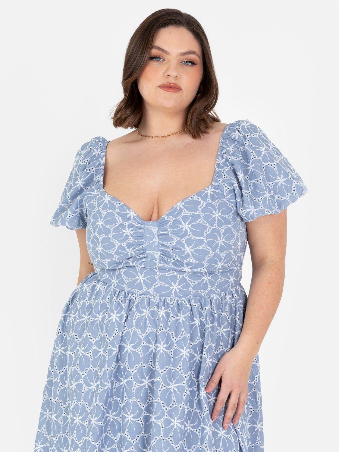 Product image 7 of 10, which shows Lovedrobe Broderie Anglaise Tie Back Midaxi Dress, Blue/ White, 8