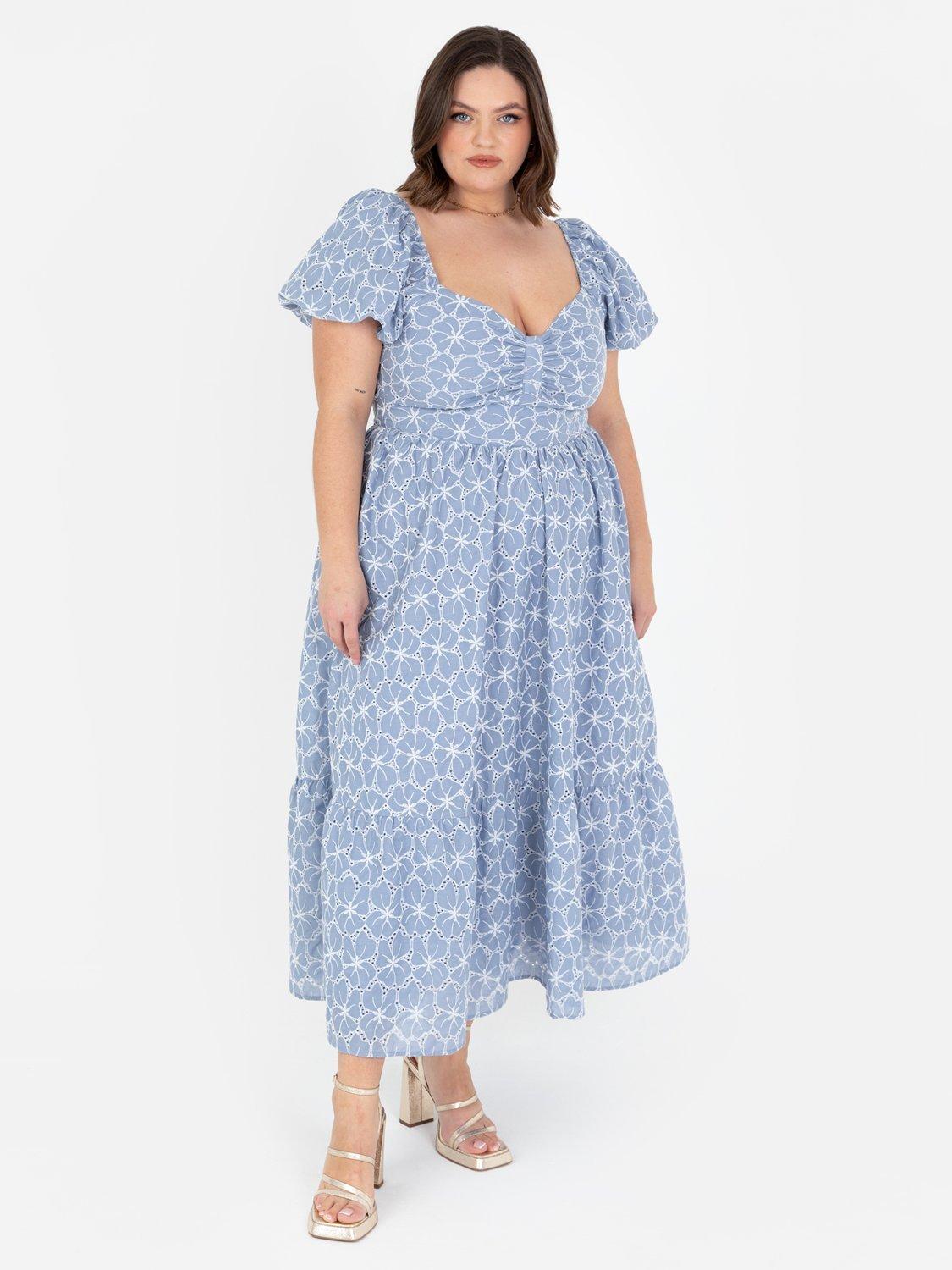 Product image 8 of 10, which shows Lovedrobe Broderie Anglaise Tie Back Midaxi Dress, Blue/ White, 8
