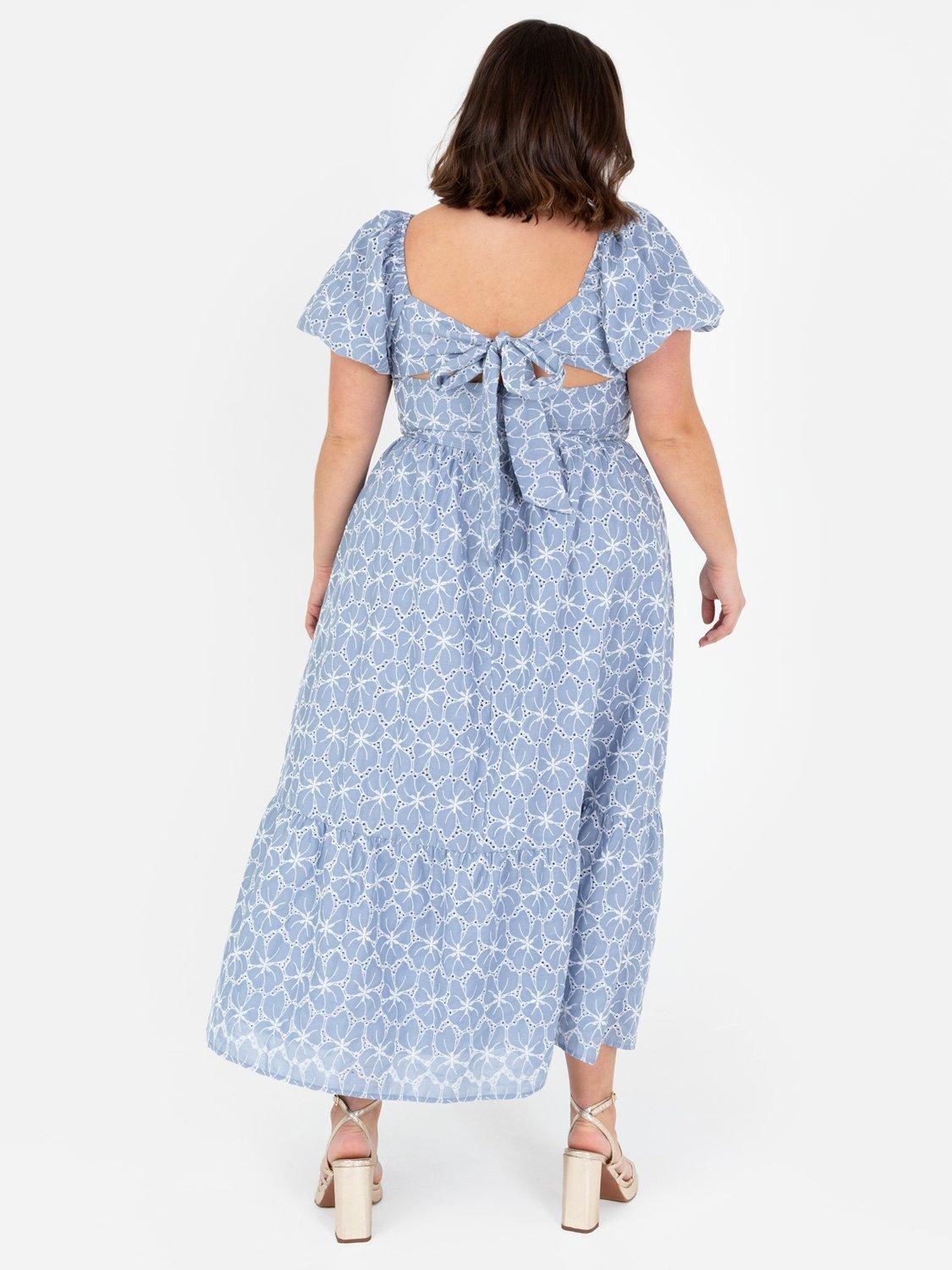 Product image 9 of 10, which shows Lovedrobe Broderie Anglaise Tie Back Midaxi Dress, Blue/ White, 8