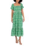 Lovedrobe Short Puff Sleeve Tile Print Cotton Midi Dress, Green/White