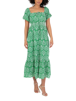Lovedrobe Short Puff Sleeve Tile Print Cotton Midi Dress, Green/White, Green/ White