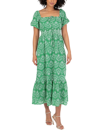 Lovedrobe Short Puff Sleeve Tile Print Cotton Midi Dress, Green/White, Green/ White