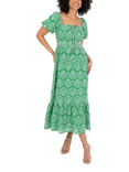 Lovedrobe Short Puff Sleeve Tile Print Cotton Midi Dress, Green/White