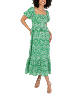 Lovedrobe Short Puff Sleeve Tile Print Cotton Midi Dress, Green/White - view 2, Green/ White