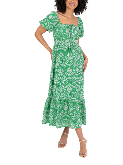 Lovedrobe Short Puff Sleeve Tile Print Cotton Midi Dress, Green/White - view 2, Green/ White