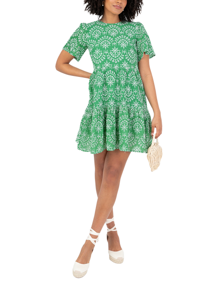 Lovedrobe Embroidered Tiered Mini Dress, Green/ White, Green/ White
