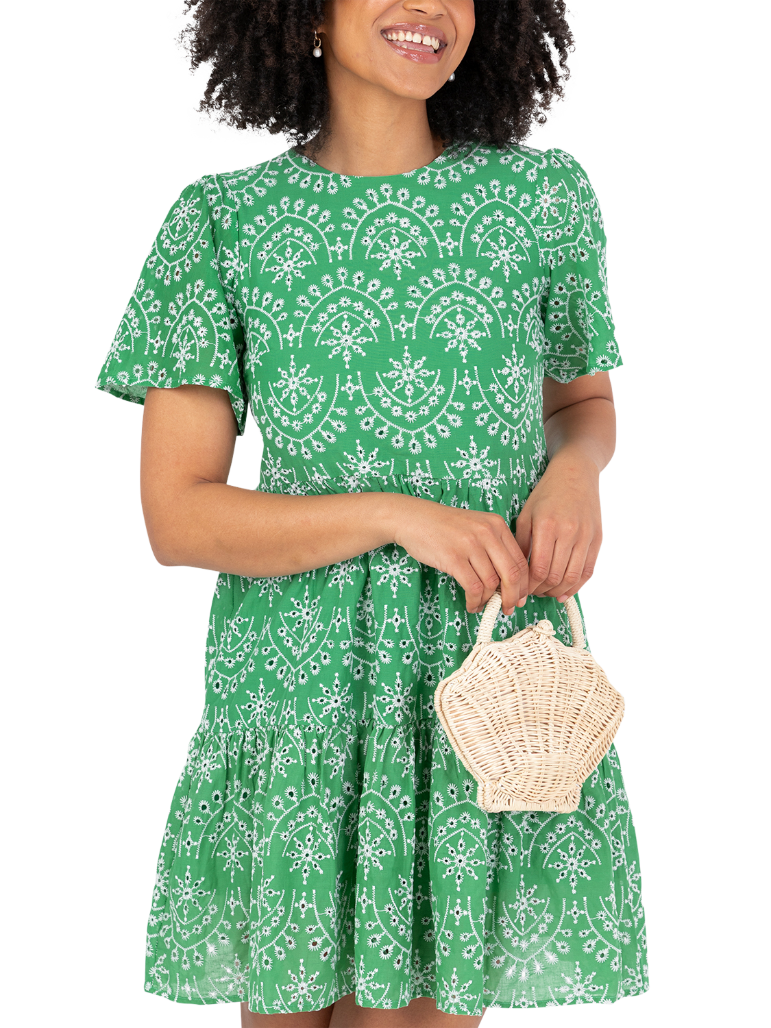 Product image 2 of 10, which shows Lovedrobe Embroidered Tiered Mini Dress, Green/ White, 8