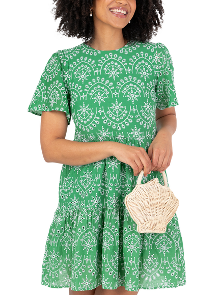 Lovedrobe Embroidered Tiered Mini Dress, Green/ White - view 2, Green/ White
