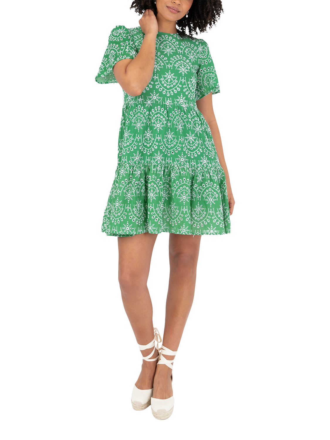 Product image 3 of 10, which shows Lovedrobe Embroidered Tiered Mini Dress, Green/ White, 8