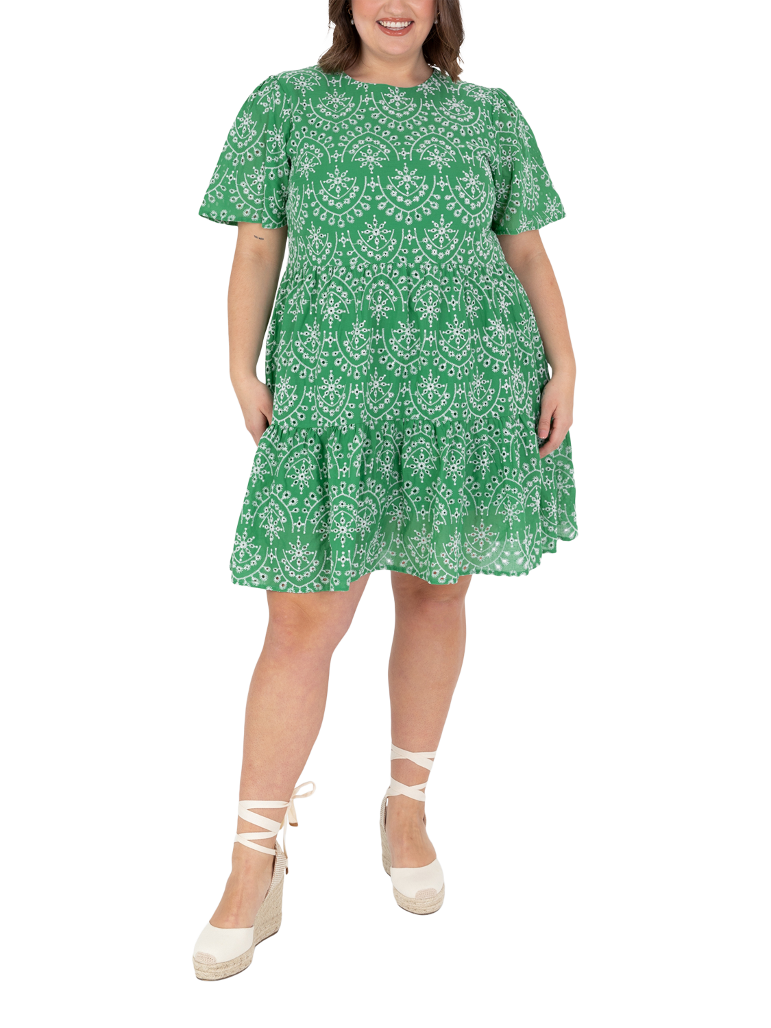 Product image 6 of 10, which shows Lovedrobe Embroidered Tiered Mini Dress, Green/ White, 8
