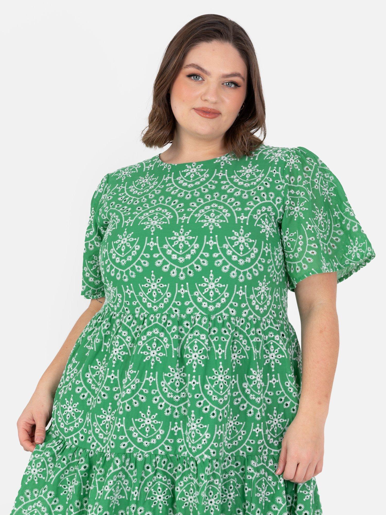 Product image 7 of 10, which shows Lovedrobe Embroidered Tiered Mini Dress, Green/ White, 8