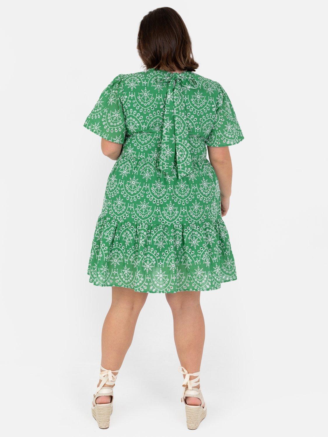 Product image 8 of 10, which shows Lovedrobe Embroidered Tiered Mini Dress, Green/ White, 8