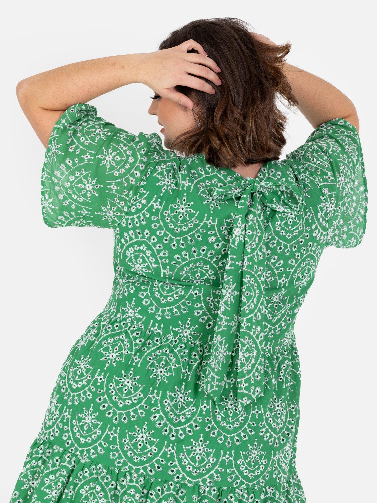 Product image 9 of 10, which shows Lovedrobe Embroidered Tiered Mini Dress, Green/ White, 8