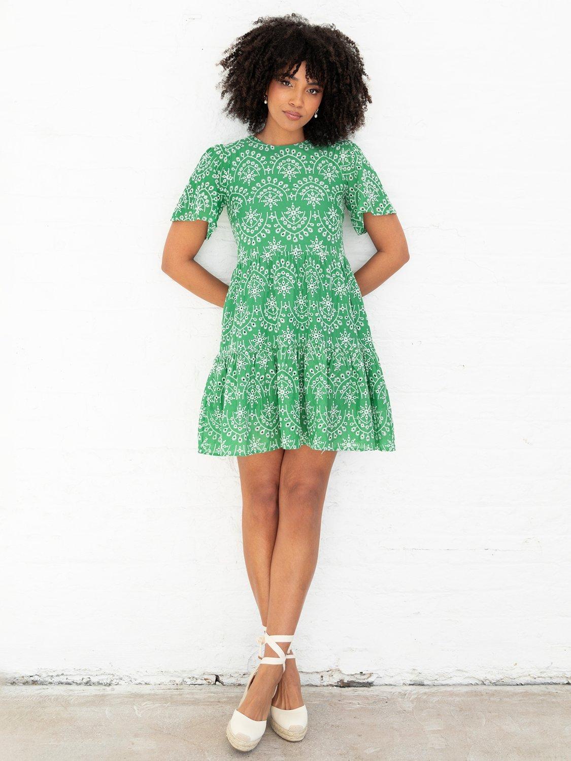 Product image 10 of 10, which shows Lovedrobe Embroidered Tiered Mini Dress, Green/ White, 8