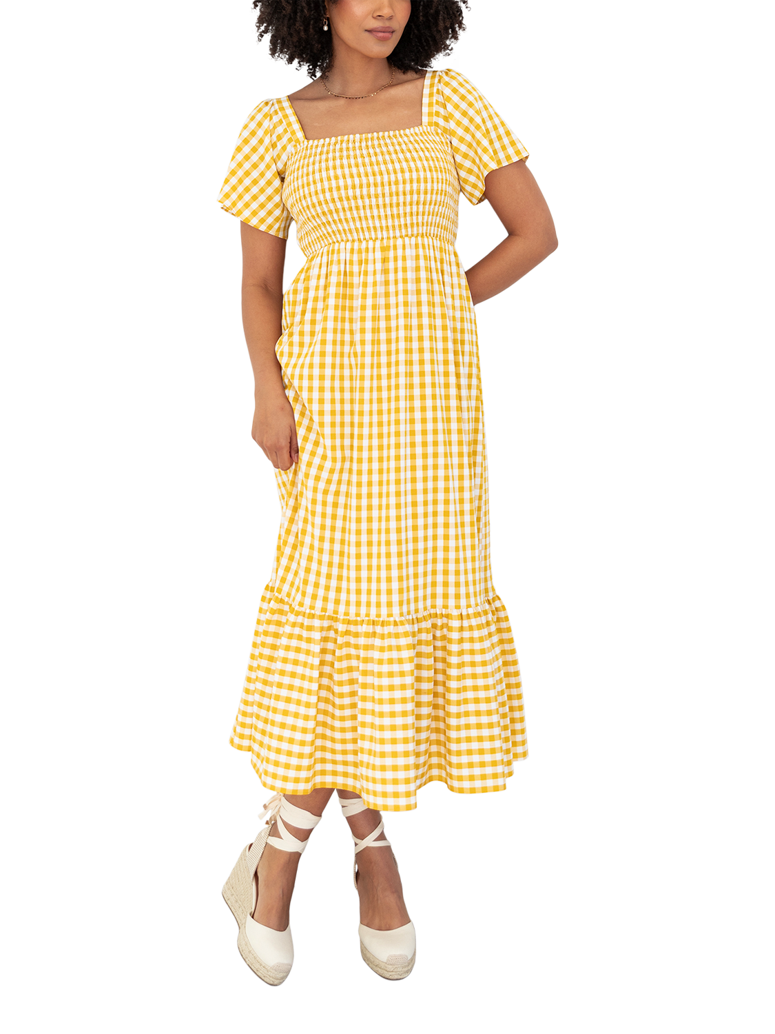 Product image 1 of 7, which shows Lovedrobe Gingham Flutter Sleeve Milkmaid Midaxi Dress, Yellow Gingham, 8