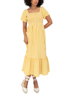 Lovedrobe Gingham Flutter Sleeve Milkmaid Midaxi Dress, Yellow Gingham, Yellow Gingham