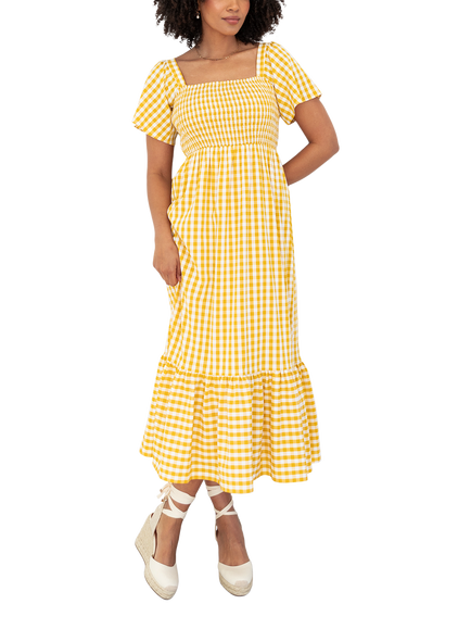 Lovedrobe Gingham Flutter Sleeve Milkmaid Midaxi Dress, Yellow Gingham, Yellow Gingham