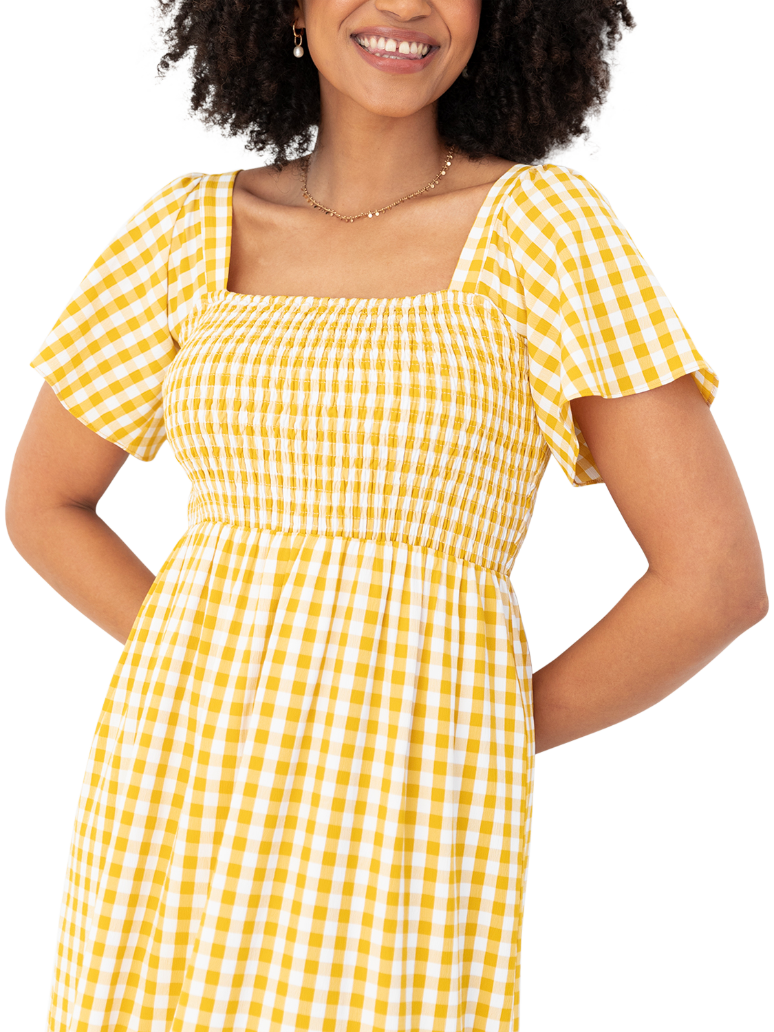 Product image 2 of 7, which shows Lovedrobe Gingham Flutter Sleeve Milkmaid Midaxi Dress, Yellow Gingham, 8