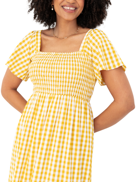 Lovedrobe Gingham Flutter Sleeve Milkmaid Midaxi Dress, Yellow Gingham - view 2, Yellow Gingham