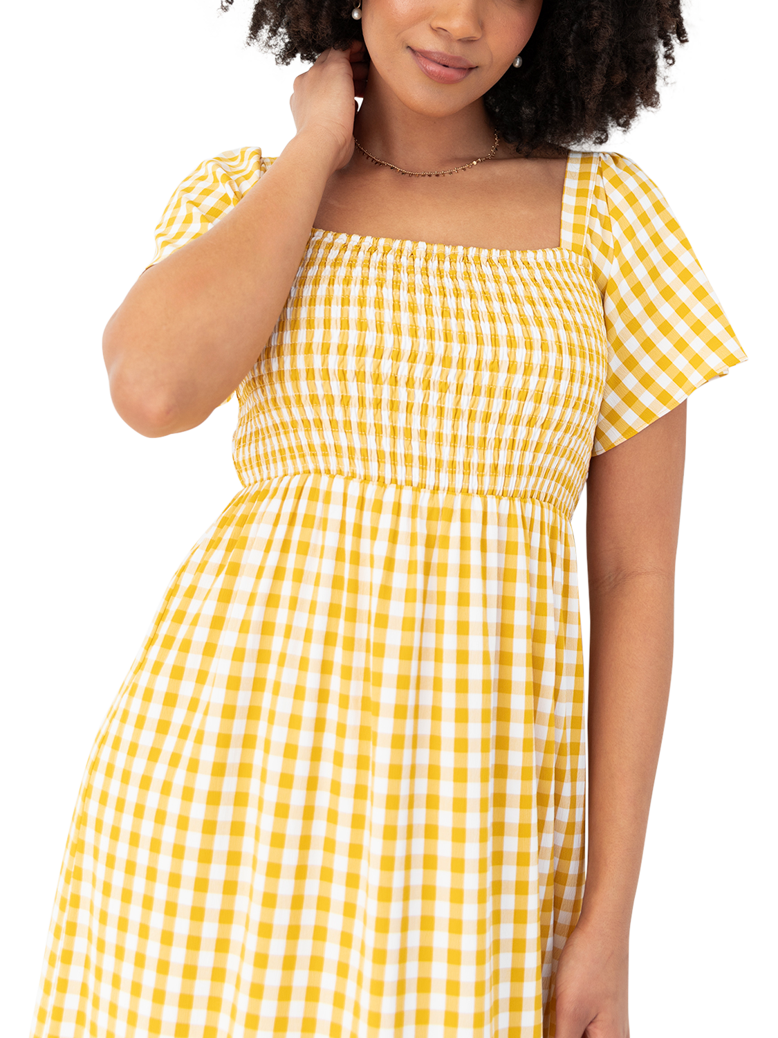 Product image 3 of 7, which shows Lovedrobe Gingham Flutter Sleeve Milkmaid Midaxi Dress, Yellow Gingham, 8