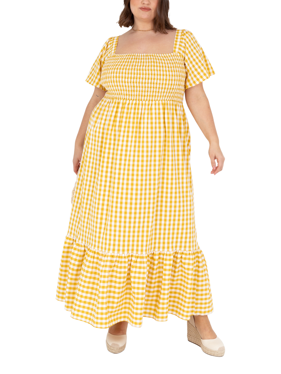 Product image 4 of 7, which shows Lovedrobe Gingham Flutter Sleeve Milkmaid Midaxi Dress, Yellow Gingham, 8