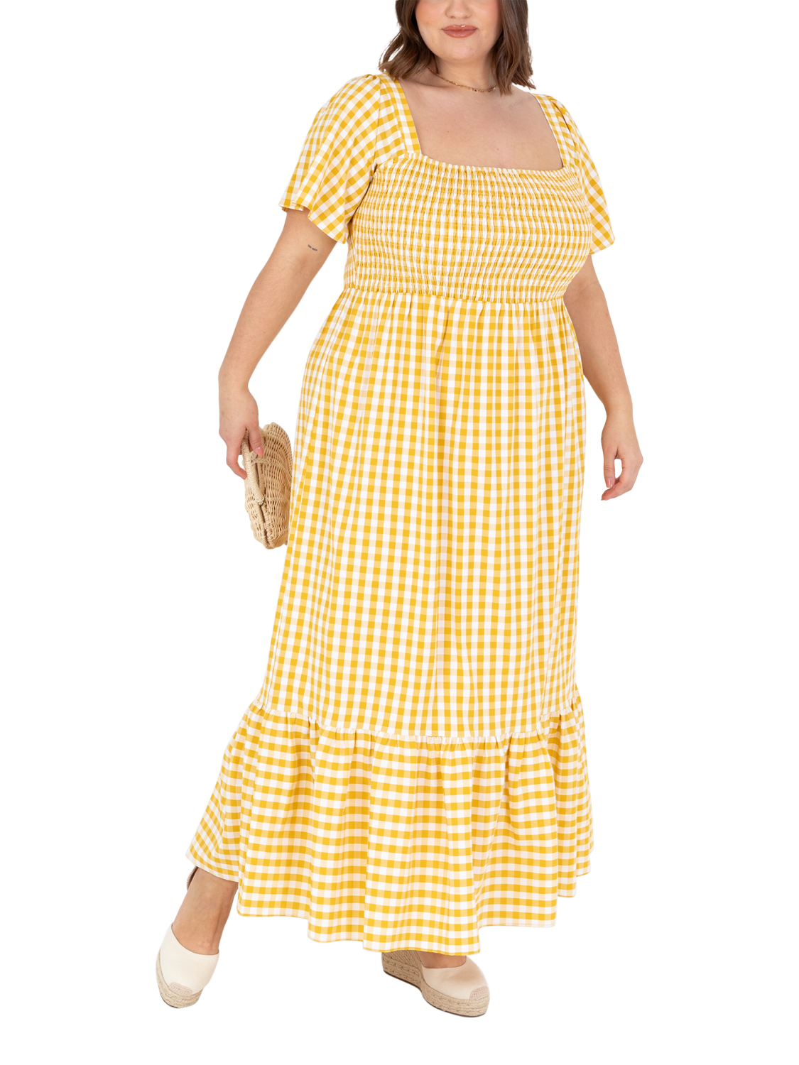 Product image 5 of 7, which shows Lovedrobe Gingham Flutter Sleeve Milkmaid Midaxi Dress, Yellow Gingham, 8