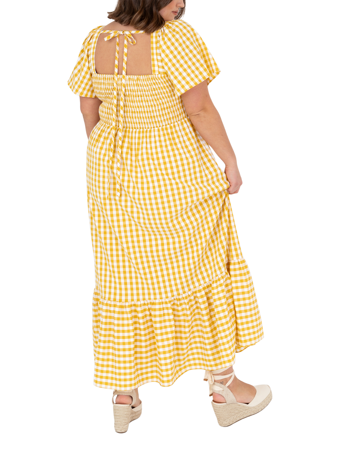Product image 6 of 7, which shows Lovedrobe Gingham Flutter Sleeve Milkmaid Midaxi Dress, Yellow Gingham, 8