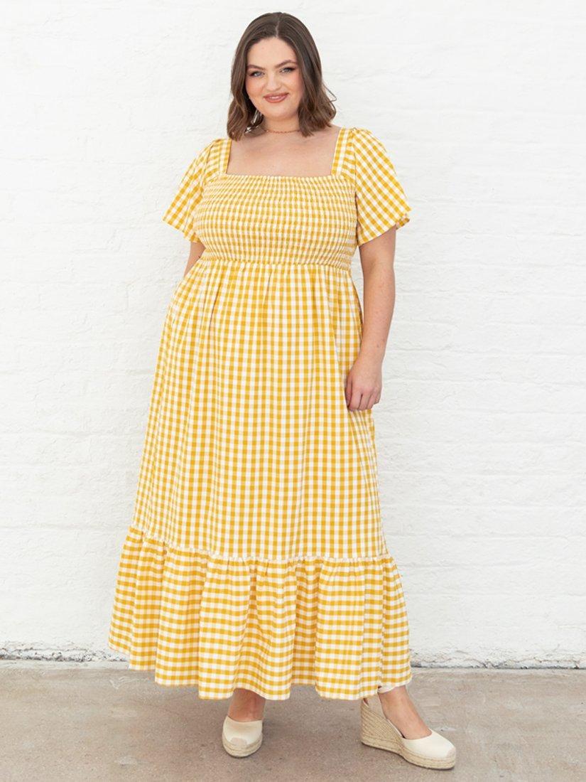Product image 7 of 7, which shows Lovedrobe Gingham Flutter Sleeve Milkmaid Midaxi Dress, Yellow Gingham, 8