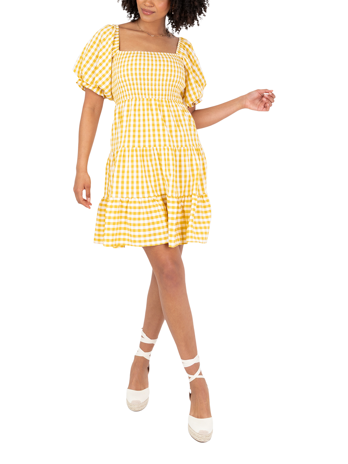 Product image 1 of 11, which shows Lovedrobe Gingham Puff Sleeve Milkmaid Mini Dress, Yellow Gingham, 8